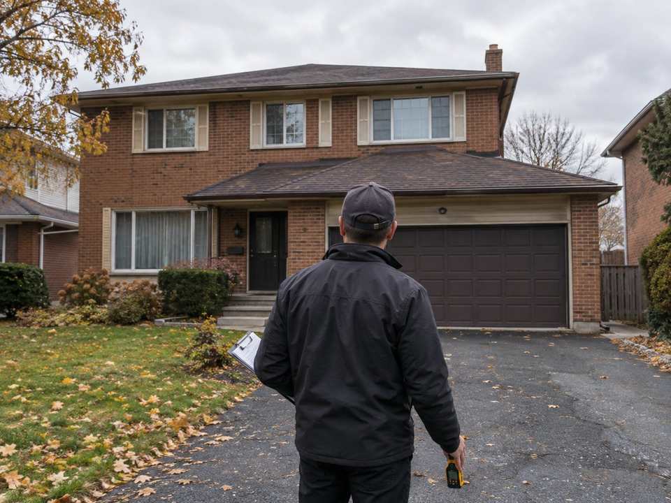 A home appraiser with a clipboard, seen from behind, on the driveway of a 1980s brick house