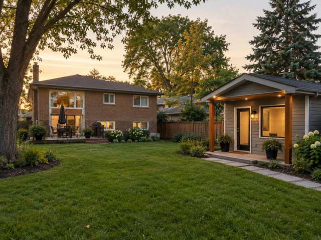 A small new one-storey garden suite in the backyard of a 1970s brick backsplit house