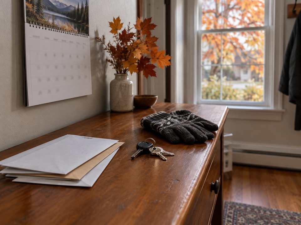 A hallway table with a wall calendar, envelopes, keys and gloves, with autumn leaves outside the window