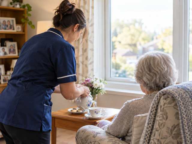 A home care worker pouring tea for an older woman sitting by a window, both seen from behind