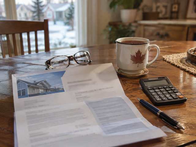 A mortgage renewal letter, reading glasses, a cup of tea and a calculator on a kitchen table