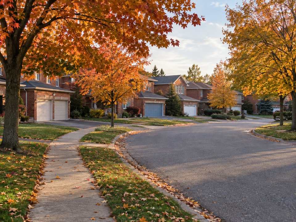 A curving Mississauga street of 1980s two-storey brick houses with double garages under orange maple trees in October
