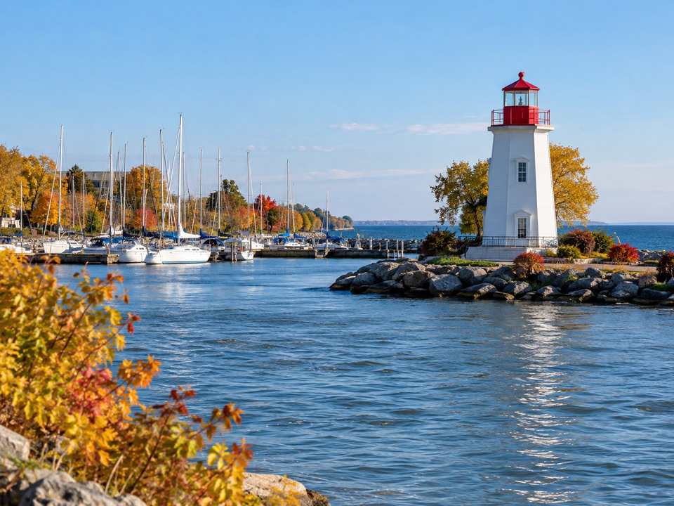 A white lighthouse with a red lantern at the mouth of the Credit River, with sailboats in the Port Credit marina