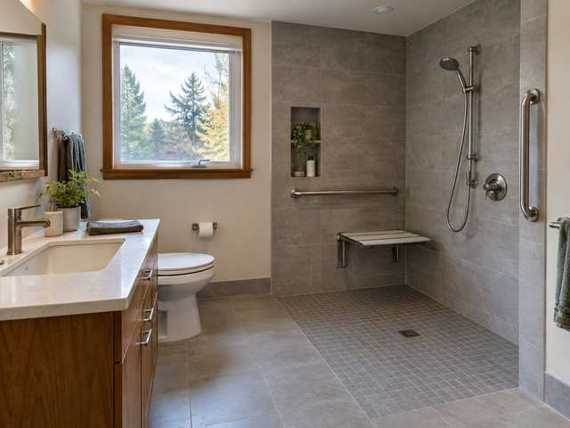 A renovated bathroom in a split-level home with a curbless walk-in shower, a fold-down seat and grab bars